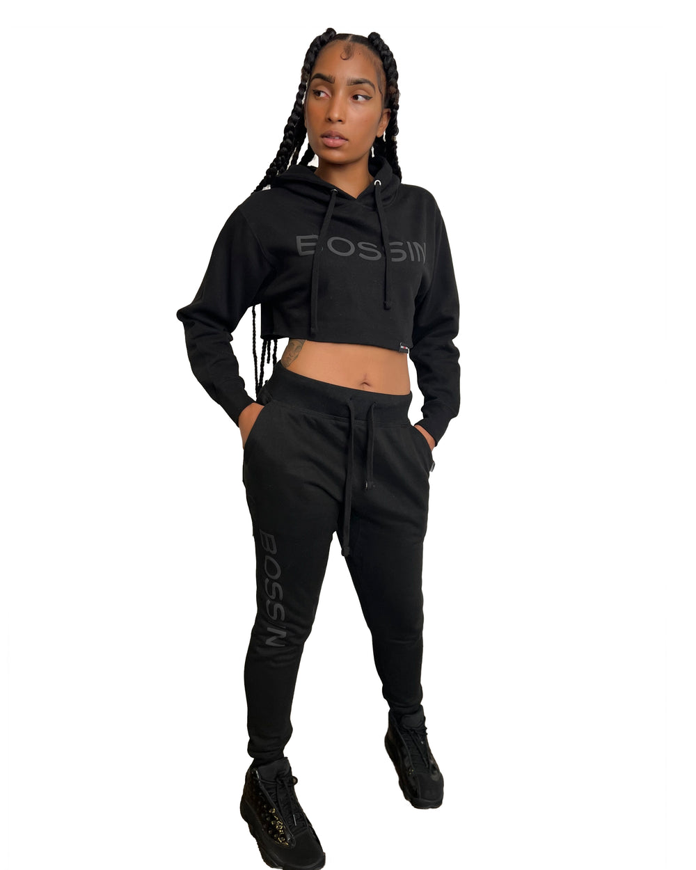 BOSSIN All Black Women’s Cropped Hoodie & Jogger Set