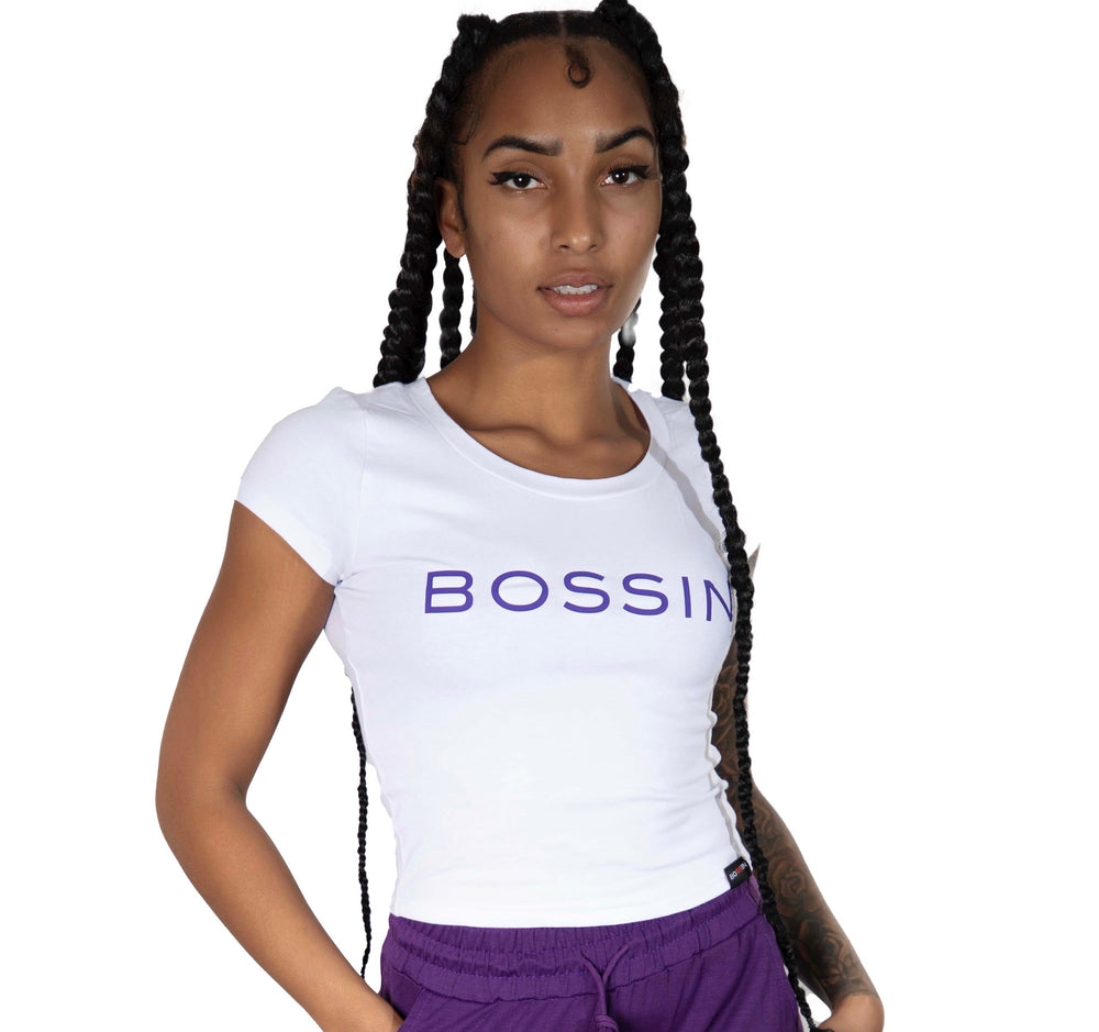 Low Rise Bossin Classic White Tee W/t Purple Print